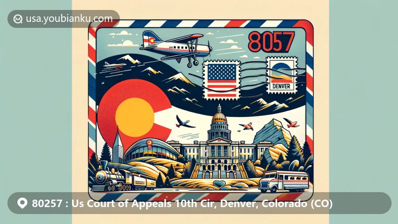 Modern illustration of Denver, Colorado, showcasing postal theme with ZIP code 80257, featuring Colorado state flag and iconic landmarks like the State Capitol and Red Rocks Amphitheatre.