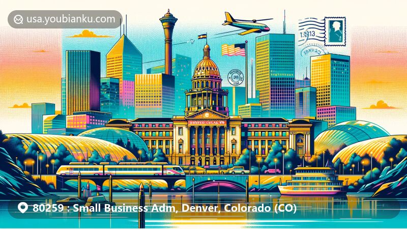 Modern illustration of Denver, Colorado, blending iconic landmarks like the Colorado State Capitol, Denver Union Station, and the Denver Art Museum into a postal-themed artwork with ZIP Code 80259.