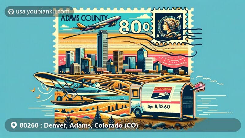 Modern illustration of the 80260 ZIP code area in Adams County, Denver, Colorado, featuring Wells Fargo Center and air mail envelope with vintage stamp flying over the landscape.