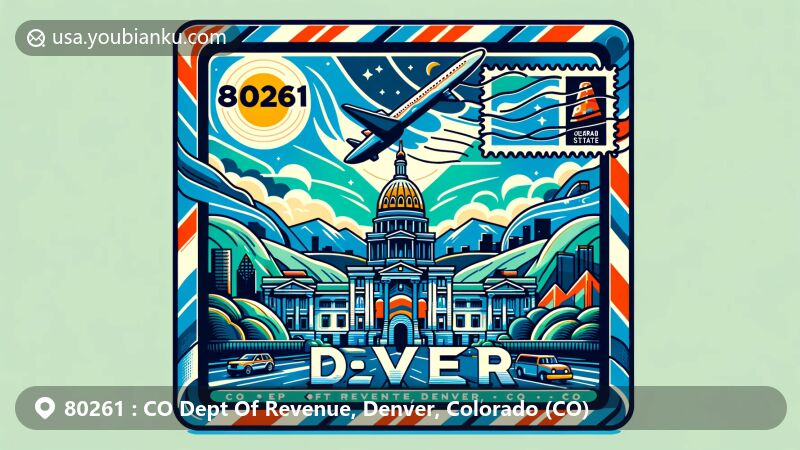 Modern illustration of Denver, Colorado showcasing postal theme with ZIP code 80261, featuring airmail envelope with iconic symbols like Colorado State Capitol and Rocky Mountains.