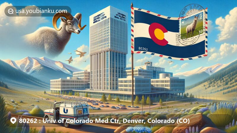 Modern illustration of University of Colorado Medical Center in Denver, Colorado, against backdrop of Rocky Mountains and Colorado state flag, featuring vintage airmail envelope with Rocky Mountain bighorn sheep stamp and 80262 Denver, CO postmark.