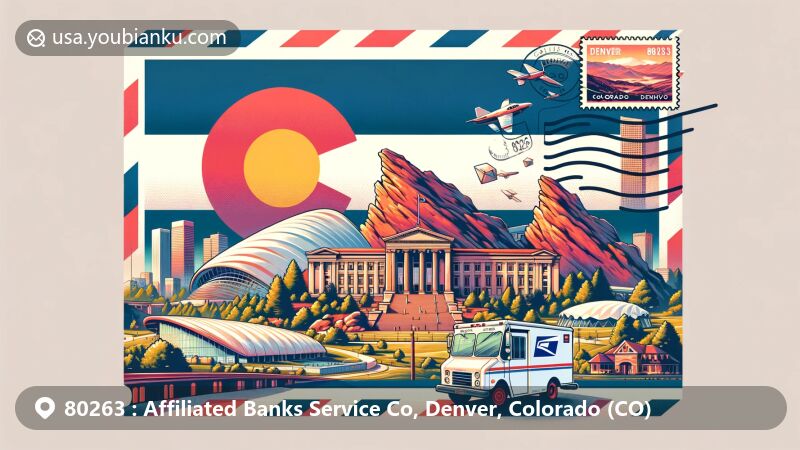 Modern illustration of ZIP code area 80263 in Denver, Colorado, featuring state flag, Denver landmarks like Denver Art Museum and Red Rocks Amphitheatre, and postal elements like stamp, postmark, mailbox, and mail truck.