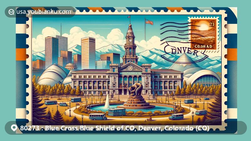 Modern illustration of Denver, Colorado, showcasing postal theme with iconic landmarks like Denver Performing Arts Complex, Daniels & Fischer Tower, Colorado Convention Center, and Civic Center Park, framed by Rocky Mountains, vintage postcard elements, and Colorado state flag stamp.
