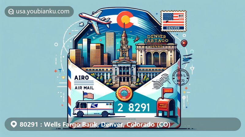 现代插画展示了科罗拉多州丹佛市邮政编码80291地域特征，包括州旗、标志性建筑和Wells Fargo Bank轮廓，信封内有邮票和邮筒图案，象征邮政服务。