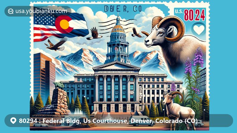 Modern illustration of the Federal Building and U.S. Courthouse in Denver, Colorado, highlighting ZIP code 80294 with integrated symbols of Colorado, including the state flag, Rocky Mountain Bighorn Sheep, and Rocky Mountain Columbine.