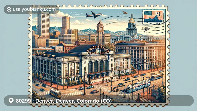 Modern illustration of Denver, Colorado, highlighting iconic landmarks including Union Station, Colorado State Capitol, Larimer Square, Brown Palace Hotel, and Rocky Mountains, within a postal theme framework.