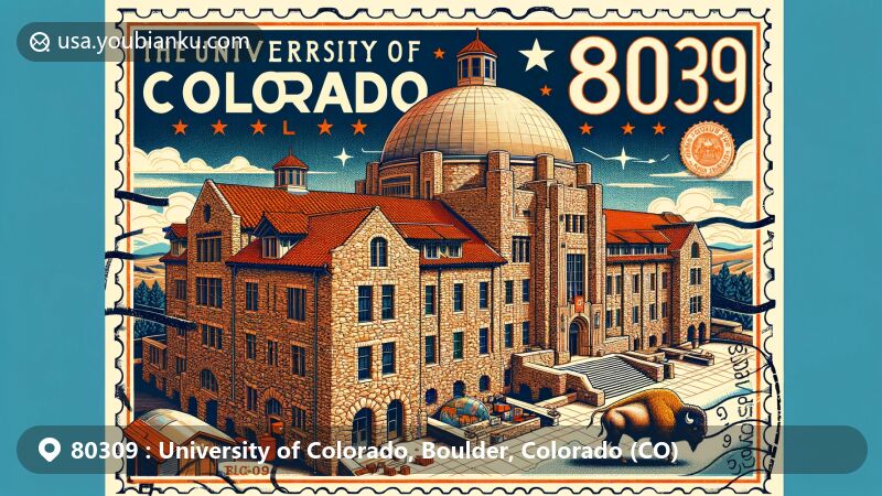 Modern illustration of ZIP code 80309 area with University of Colorado Boulder elements, featuring Tuscan Vernacular Revival architecture, Fiske Planetarium, Colorado Buffaloes symbols, and postcard design.