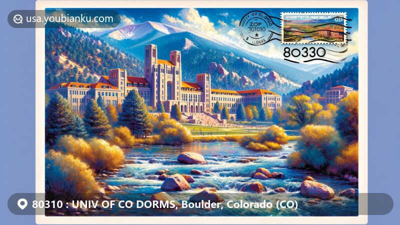 Modern illustration of University of Colorado Boulder, showcasing scenic beauty with Rocky Mountains, iconic buildings, and Boulder Creek in postcard style featuring ZIP code 80310.