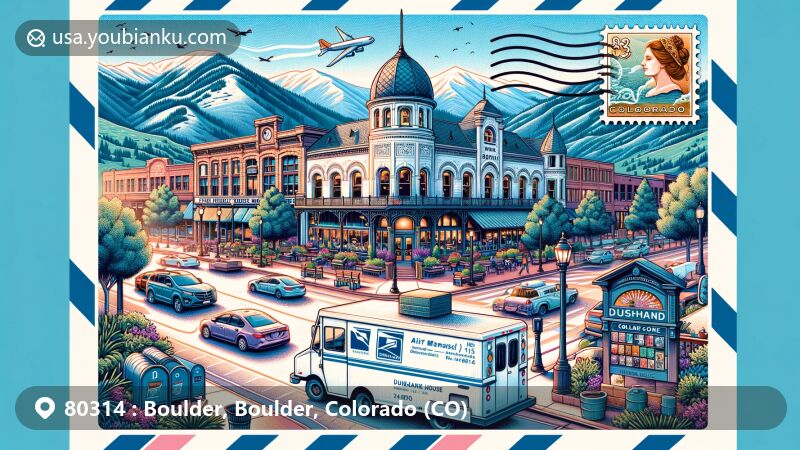Modern illustration of Pearl Street Mall and Dushanbe Tea House in Boulder, Colorado, featuring postal theme with ZIP code 80314, showcasing landmarks against mountain backdrop.