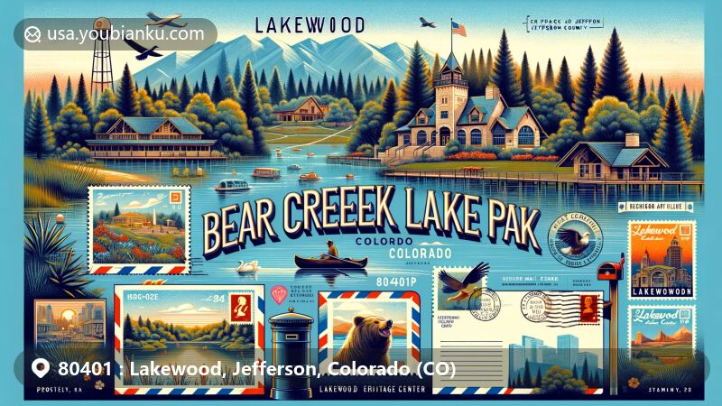 Modern illustration of Lakewood, Colorado, blending natural beauty of Bear Creek Lake Park with historical architecture inspired by Lakewood Heritage Center, featuring postal elements symbolizing community activities and ZIP code 80401.