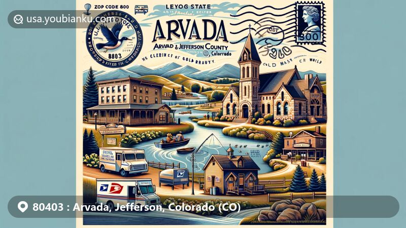 Modern illustration of Arvada and Jefferson County, Colorado, featuring ZIP code 80403, showcasing 'Celery Capital of the World' status, Gold Rush history, Olde Town Arvada, St. Anne’s Catholic Church, Standley Lake, fishing at Blunn Reservoir, and postal elements.