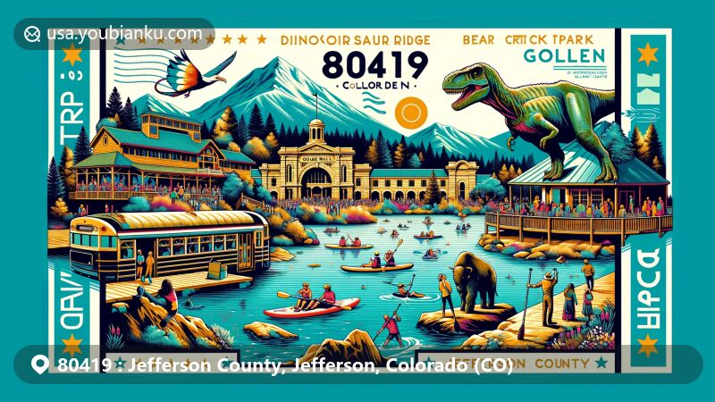 Modern illustration of ZIP code 80419 area, Golden, Colorado, featuring dinosaur footprints, bustling scene at The Golden Mill, natural beauty of Bear Creek Lake Park, and iconic entrance of Buffalo Bill Museum and Grave.