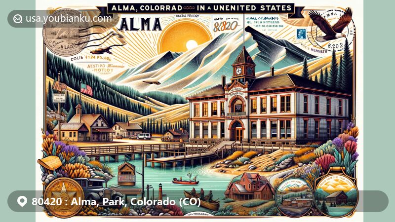 Illustration of Alma, Colorado, showcasing its status as the highest incorporated town in the US, featuring Alma post office, Kite Lake, and surrounding mountains, all in a vintage postcard design with postal elements.