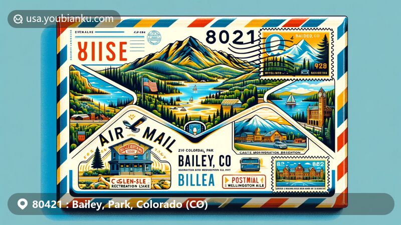 Vibrant illustration of Bailey, CO, highlighting natural beauty and iconic landmarks with ZIP code 80421, featuring Castle Mountain Recreation Wellington Lake and Glen-Isle Resort.