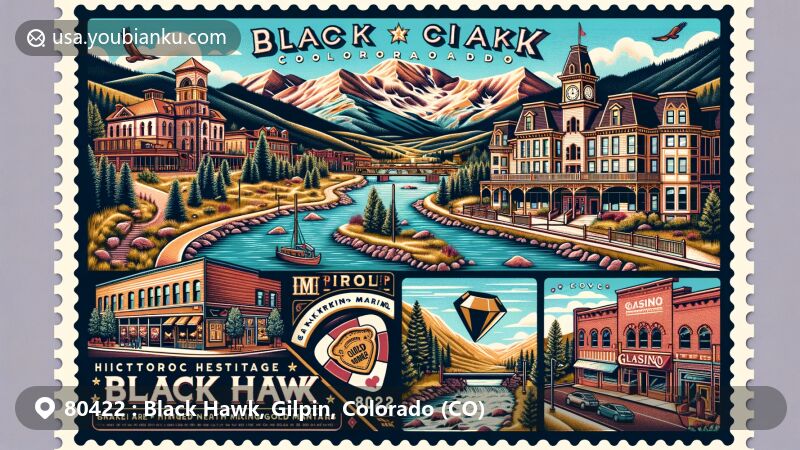 Modern illustration of Black Hawk, Gilpin County, Colorado, showcasing ZIP code 80422 with Rocky Mountain scenery, St. Mary’s Glacier hiking, historic downtown Victorian architecture, Hidee Gold Mine, and casino elements.
