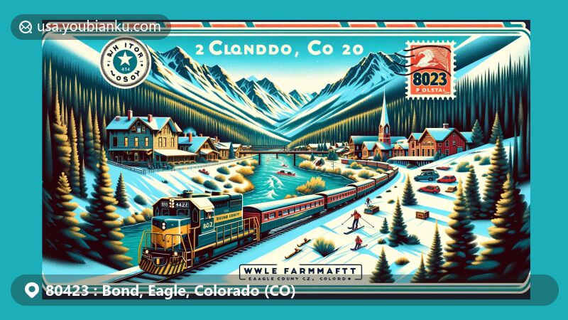 Modern illustration of Bond, Eagle County, Colorado, portraying the ZIP code 80423, highlighting railroad history and Rocky Mountain landscapes, with Colorado River and outdoor activities like skiing, snowshoeing, and hiking.