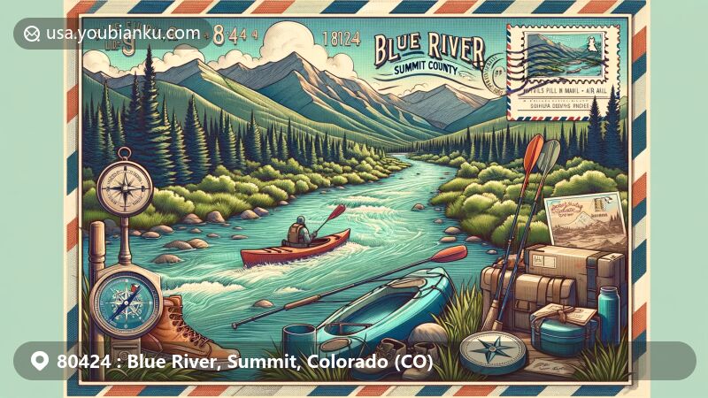 Serene illustration of Blue River, Summit County, Colorado, with Rocky Mountains backdrop, showcasing outdoor activities like hiking, fishing, and kayaking, featuring modern postcard design with compass, fishing rod, kayak, and hiking boots.