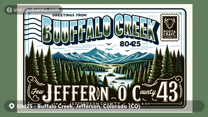 Modern illustration of Buffalo Creek, Jefferson County, Colorado, highlighting natural beauty, forested landscapes, and outdoor activities like hiking and biking near the Colorado Trail and Pike National Forest.