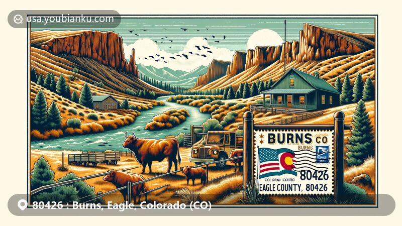 Modern illustration of Burns, Eagle County, Colorado, reminiscent of a vintage postcard, highlighting the scenic Colorado River and sandstone canyons, showcasing local postal identity with Colorado state flag stamp and post office building, featuring rural elements like livestock ranching.