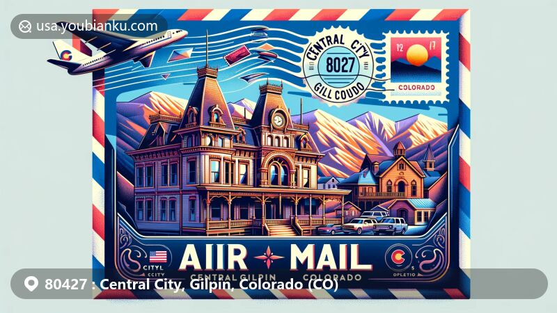 Modern illustration of Central City, Gilpin, Colorado, featuring air mail envelope with ZIP code 80427, showcasing Teller House and Central City Opera House against the backdrop of Colorado mountains.