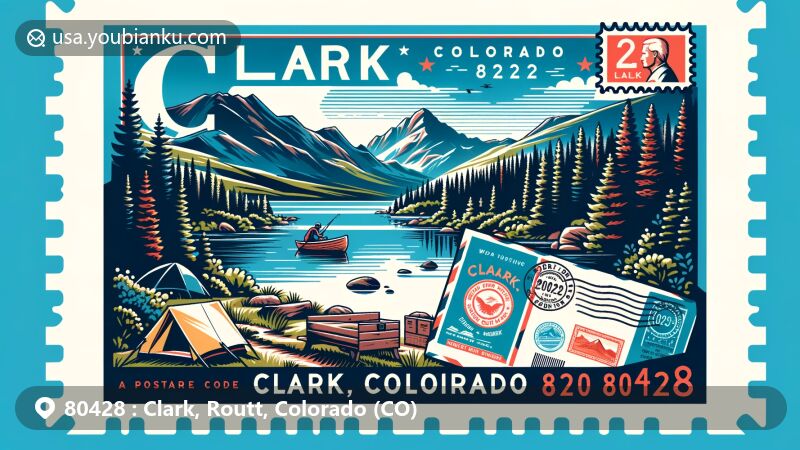 Modern illustration of Clark, Colorado, showcasing postal theme with ZIP code 80428, featuring Hahns Peak, Hahns Peak Lake, and outdoor activities like hiking, camping, and fishing in Routt County.