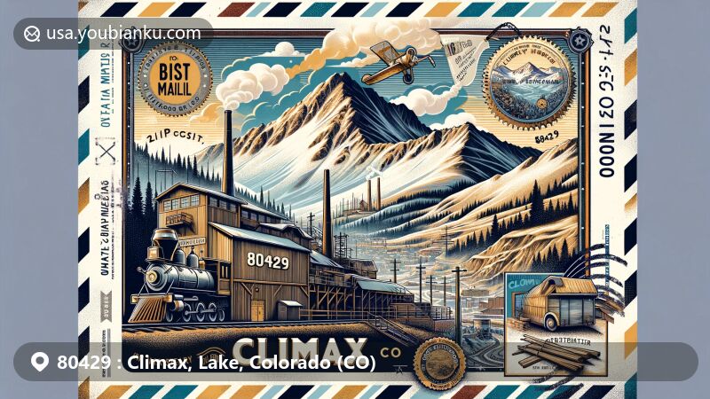 Modern illustration of Climax, Colorado, showcasing postal theme with ZIP code 80429, featuring Climax Molybdenum mine, Mount Democrat, and postal motifs.