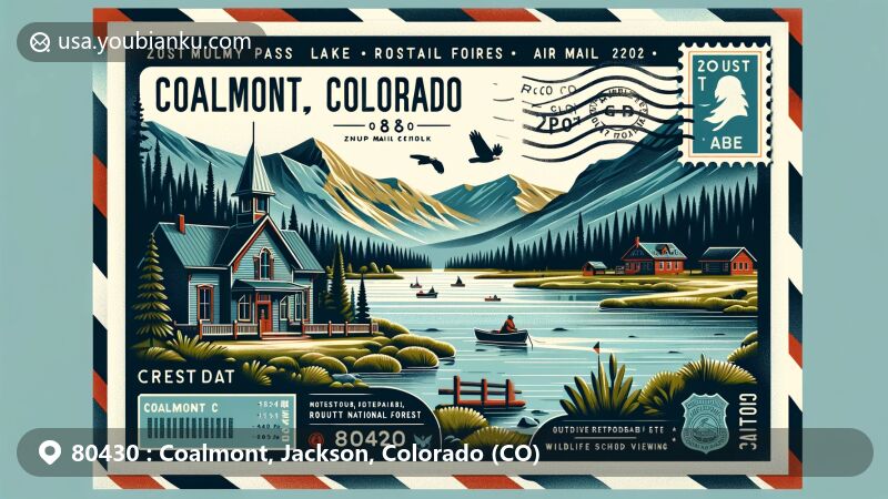 Modern illustration of Coalmont, Colorado, showcasing Muddy Pass Lake, Routt National Forest, and the iconic Coalmont School House.