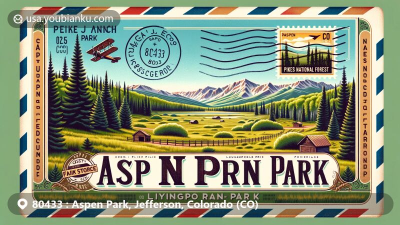 Modern illustration of Aspen Park, Jefferson County, Colorado, featuring vintage airmail envelope design with Postal code 80433, showcasing Flying J Ranch Park with old-growth lodgepole pines, ponderosas, Douglas firs, and Rocky Mountains backdrop.
