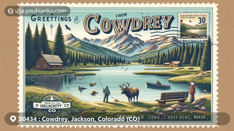 Modern illustration of Cowdrey, Colorado, with ZIP code 80434, showcasing Cowdrey Lake State Wildlife Area and Rocky Mountains, embodying the area's natural beauty and recreational charm.
