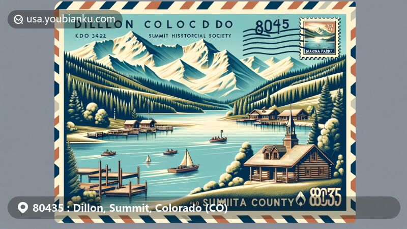 Modern illustration of Dillon, Summit County, Colorado, capturing local landmarks like Dillon Reservoir and Lulu Myers Cabin, with Marina Park against stunning mountain views. Postal elements include vintage postcard format with Dillon Reservoir stamp and CO 80435 postmark.