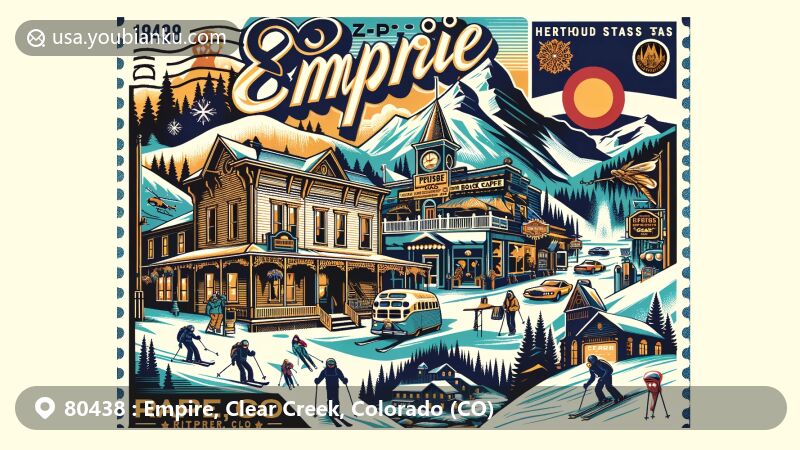 Modern illustration of Empire, Colorado, representing ZIP code 80438, showcasing key landmarks like Peck House and Guanella Pass Brewery Taproom, along with Berthoud Pass for hiking and skiing.