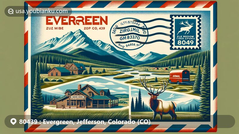 Modern illustration of Evergreen, Colorado, showcasing airmail envelope design with ZIP code 80439, featuring Hiwan Heritage Park and Museum, Elk Meadow Park, and Alderfer/Three Sisters Park.