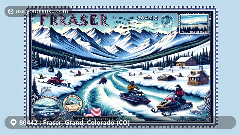 Modern illustration of ZIP code 80442, Fraser, Grand County, Colorado, featuring Rocky Mountains, winter activities, Fraser River, stamps, and postmarks.