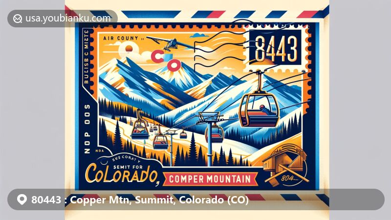 Modern illustration of Copper Mountain, Summit County, Colorado, capturing the ski slopes and chair lifts, incorporating elements of Colorado's state flag, enclosed in an air mail envelope with a postal stamp displaying ZIP code 80443.