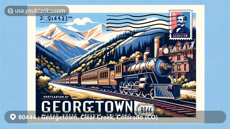 Modern illustration of Georgetown, Clear Creek County, Colorado, highlighting postal theme with ZIP code 80444, showcasing Georgetown Loop Railroad and rich historical architecture.