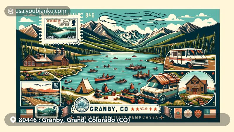 Vintage postcard-style illustration of Granby, Colorado (ZIP code 80446), set against Lake Granby and the Rocky Mountains, showcasing western hospitality and outdoor activities.