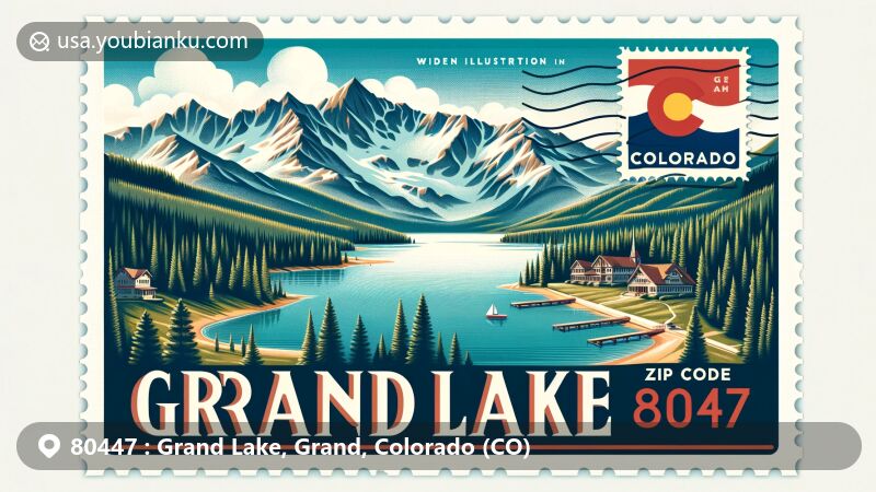 Modern illustration of Grand Lake, Grand County, Colorado, highlighting natural beauty with Grand Lake and surrounding mountains in ZIP code 80447, featuring Colorado state flag and postal elements.