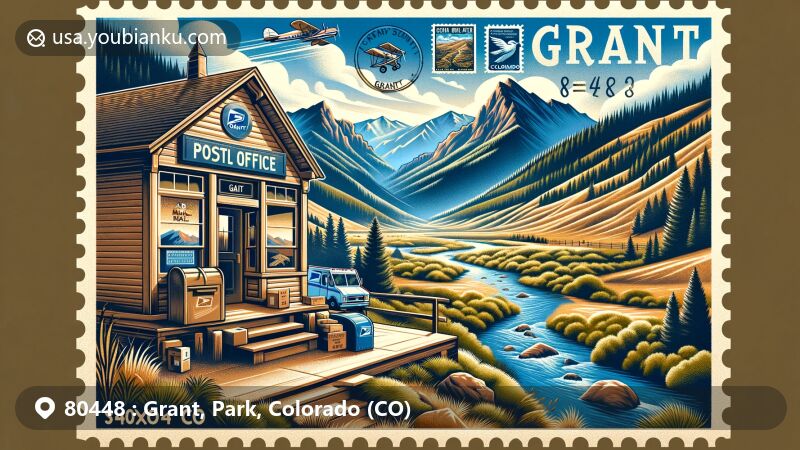Modern illustration of Grant, Park County, Colorado, featuring vintage-style post office against Rocky Mountain backdrop, air mail envelope with local wildlife stamps, and '80448 Grant, CO' postal mark.