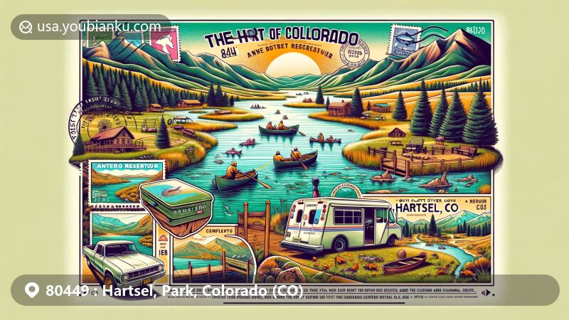 Modern illustration of Hartsel, Colorado, highlighting Antero Reservoir with activities like boating and fishing, South Platte River, and postal theme with postmark '80449 Hartsel, CO', showcasing vintage postcard and postal imagery.