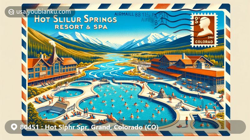 Modern illustration of Hot Sulphur Springs, Grand County, Colorado, featuring Hot Sulphur Springs Resort & Spa thermal pools and Pioneer Village Museum, with Colorado River and Rocky Mountains in the background.