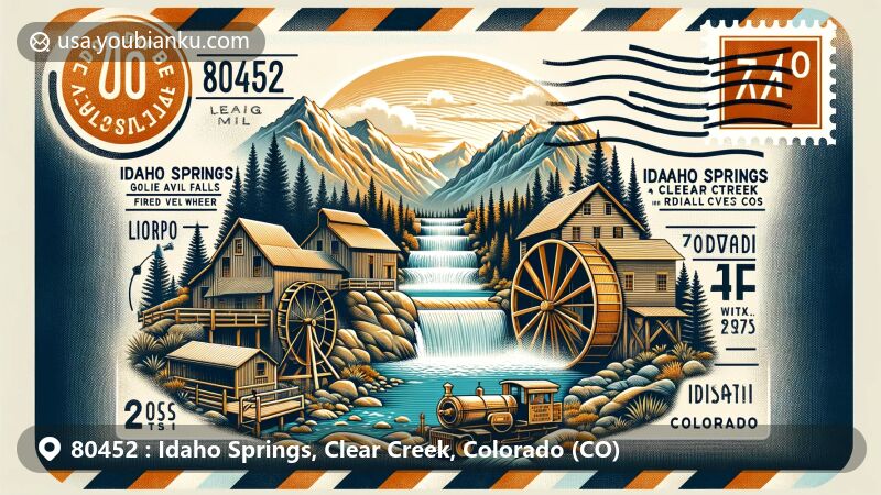 Modern illustration of Idaho Springs, Clear Creek County, Colorado, featuring Gold Rush history and natural beauty, showcasing landmarks like Argo Gold Mine and Mill, Charlie Tayler Waterwheel, Indian Hot Springs, against Rocky Mountains backdrop with vintage postal elements.