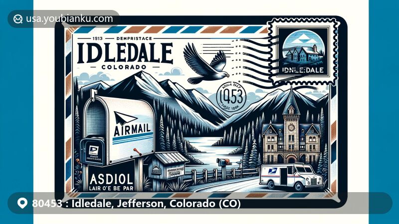 Modern illustration of Idledale, Jefferson County, Colorado, showcasing airmail theme with postal stamp and icons of Dunafon Castle, Lair o’ the Bear Park, and Colorado mountains.