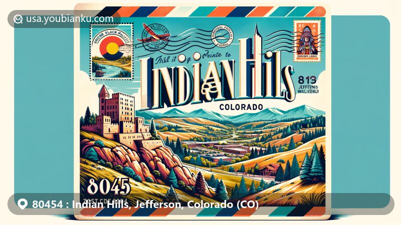 Modern illustration of Indian Hills, Jefferson County, Colorado, inspired by ZIP code 80454, featuring Mount Falcon Park, John Brisben Walker’s castle ruins, Rocky Mountains, and Colorado's blue skies.