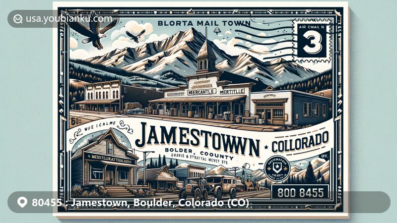 Modern illustration of Jamestown, Colorado, showcasing the iconic Jamestown Mercantile against the backdrop of the Rocky Mountains, blending small-town charm and Rocky Mountain beauty, with creative postal elements and ZIP Code 80455.