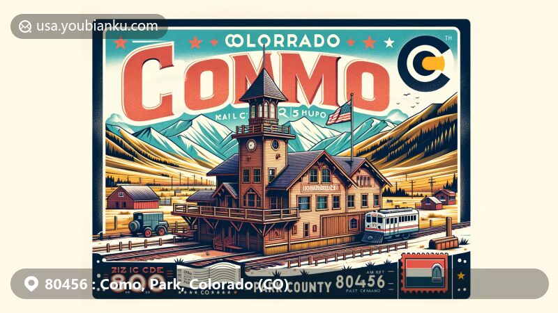 Modern illustration of Como, Park County, Colorado, showcasing iconic landmarks like the Como Railroad Roundhouse and Boreas Pass, with a postcard design featuring ZIP Code 80456 and Como, CO, bordered with elements of the Colorado state flag.