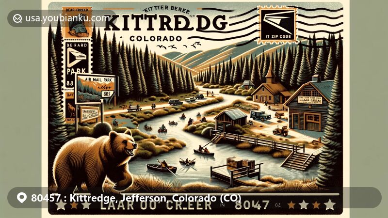 Modern illustration of Kittredge, Jefferson County, Colorado, highlighting postal theme with Bear Creek and ZIP code 80457, featuring Lair o' the Bear Park and outdoor activities.