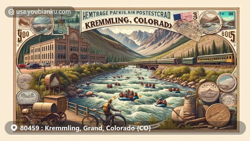 Modern illustration of Kremmling, Grand County, Colorado, capturing a vintage postcard scene with the Colorado River, rafters, Rocky Mountains, and Radium Hot Springs, featuring Heritage Park Museum and symbols of Colorado's outdoor life.