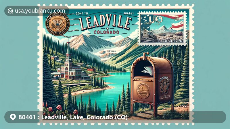 Modern illustration of Leadville, Lake County, Colorado, highlighting postal theme with ZIP code 80461, featuring Turquoise Lake, pine forests, and Rocky Mountains.