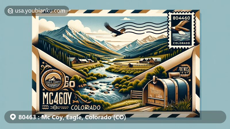 Modern illustration of McCoy, Colorado, showcasing scenic beauty with Colorado River, Rocky Mountains, and vintage postal elements like postage stamp, postal mark, and rustic mailbox.