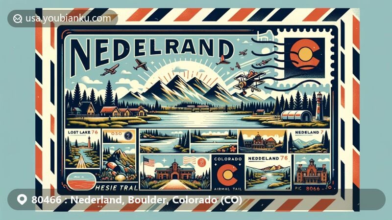 Modern illustration of Nederland, Colorado, combining landmarks like Lost Lake, the Hessie Trail, and the Nederland Mining Museum, with Colorado state symbols and postal elements.